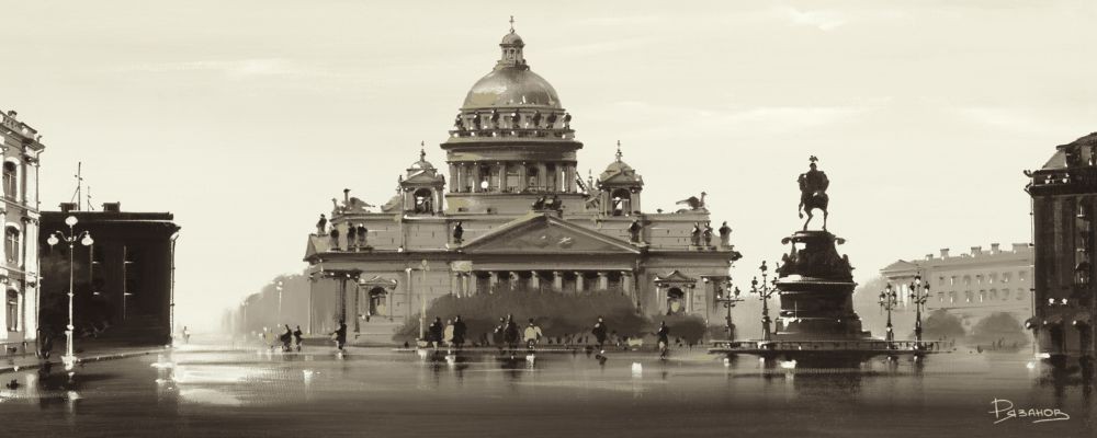 Ryazanov, St. Isaac Cathedral (Photografie, Fotokunst, Städte, Architektur, St. Petersburg, Kathedrale, Kuppelbau, Platz, Wohnzimmer, Büro, schwarz/weiß)