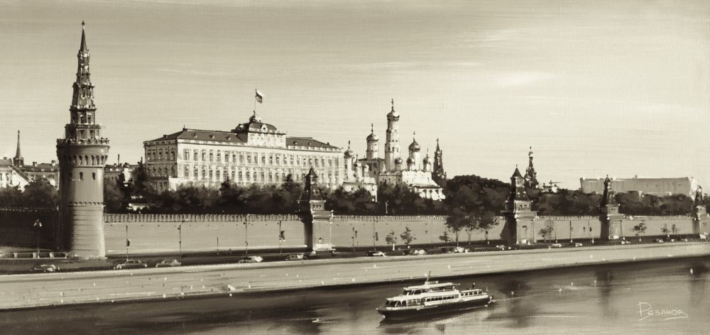 Ryazanov, View On Kremlin (Photografie, Fotokunst, Moskau, Kreml, Turm,  Wolga, Städte, Architektur, Gebäude, Wohnzimmer, schwarz/weiß)