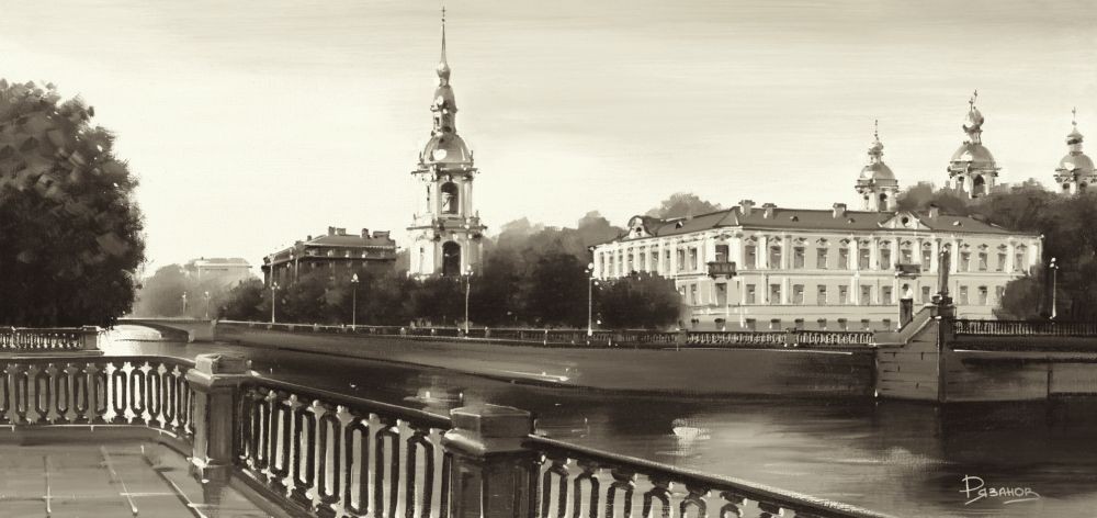Ryazanov, View On St. Nicholas Catedral (Photografie, Fotokunst, St. Petersburg, Städte, Architektur, Kathedrale, Sakralbau, Barock, Wohnzimmer, schwarz/weiß)