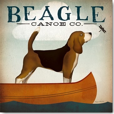 Ryan Fowler, Beagle Canoe Co. (Wunschgröße, Plakatkunst, Retro, Nostalgie, Hund, Beagle, Boot, Libelle, Wassersport, Kanu, Treppenhaus, Wohnzimmer, bunt)