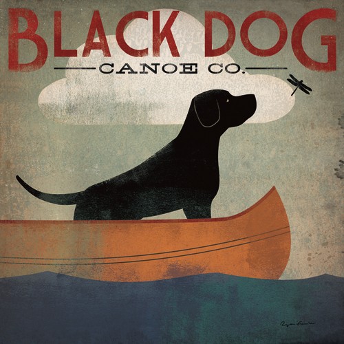 Ryan Fowler, Black Dog Canoe (Wunschgröße, Plakatkunst, Retro, Nostalgie, Hund, schwarzer Hund, Boot, Libelle, Wassersport, Kanu, Treppenhaus, Wohnzimmer, bunt)