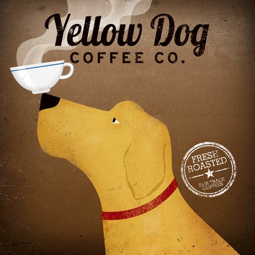 Ryan Fowler, Yellow Dog Coffee Co. (Wunschgröße, Plakatkunst, Retro, Nostalgie, Hund, gelber Hund, Kaffee, Tasse, Balance, Nasenspitze, Bistro, Café, Gastronomie, Küche, Esszimmer, bunt)