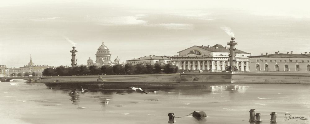 Ryazanov, Strelka, Tip Of Wassili Island (Photografie, Fotokunst, Städte, Metropole, St. Petersburg, Eremitage, Newa, Fluss, Insel, Büro, Business, Wohnzimmer, schwarz/weiß)