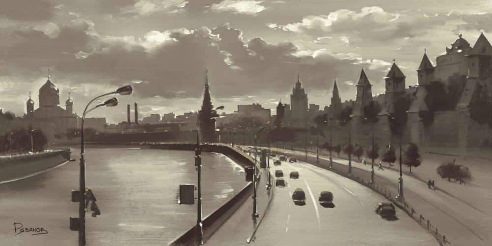 Ryazanov, The Moscow Kremlin River Walk (Photografie, Fotokunst, Städte, Hauptstadt, Moskau, Fluss,  Büro, Business, Wohnzimmer, schwarz/weiß)