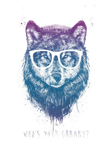 Balasz Solti, Who`s your Granny? (Wolf, Brille, Märchen, Rotkäppchen, Großmutter, Grafik, Jugendzimmer, Treppenhaus, Wunschgröße, schwarz/weiß/violett)