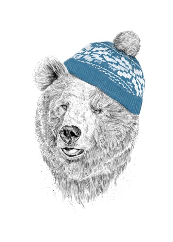 Balazs Solti, Hello Winter (Bär, Tierportrait, Wollmütze, Wunschgröße, Grafik, Jugendzimmer, Treppenhaus, Wohnzimmer, grau/blau)