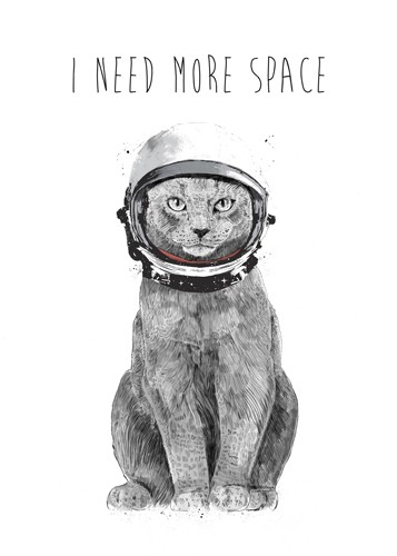 Balazs Solti, I Need More Space (Katze, Astronaut, Helm, witzig, komisch, Wunschgröße, Grafik, Jugendzimmer, Treppenhaus, Wohnzimmer, grau/weiß)