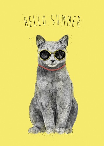 Balazs Solti, Hello Summer (Katze, Sonnenbrille, cool, modern, Sommer, Wunschgröße, Grafik, Jugendzimmer, Treppenhaus, Wohnzimmer, gelb/grau)