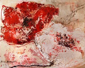 Sabina Bockemühl, Zweisamkeit (Wunschgröße, Blume, Blüte, abstrahiert, modern, zeitgenössisch, Malerei, Wohnzimmer, Treppenhaus,  beige/rot/rosa)