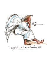 Sabine Gerke, Engel Nr. 14, Kunstdruck Handcoloriert und Limitiert (Engel, nachdenklicher Engel, Flügel, Figurativ, Himmelswesen, Grafik, Schlafzimmer, Kinderwelten, Treppenhaus, bunt)