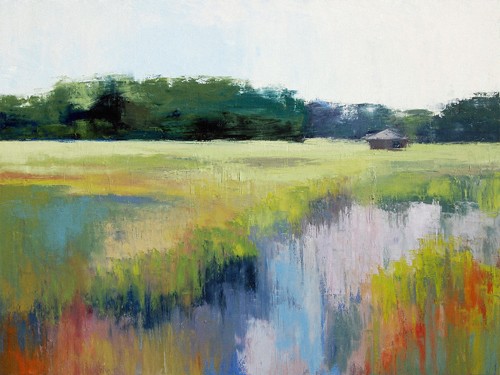 Sabre Esler, Clear Morning (Wunschgröße, Malerei, Landschaft, Ebene, Bach, Wiese, Einsamkeit,Morgenluft, Klarheit, frisch, Wohnzimmer, Wintergarten, Arztpraxis, bunt)