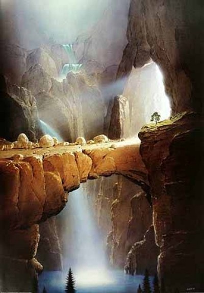 Hans-Werner Sahm, Die Brücke (2002) (Phantastische Kunst, Felsen Schlucht, Wasserfall, steinerne Brücke, Traumwelt, Surreal, Wohnzimmer, Jugendzimmer, zeitgenössisch, bunt)