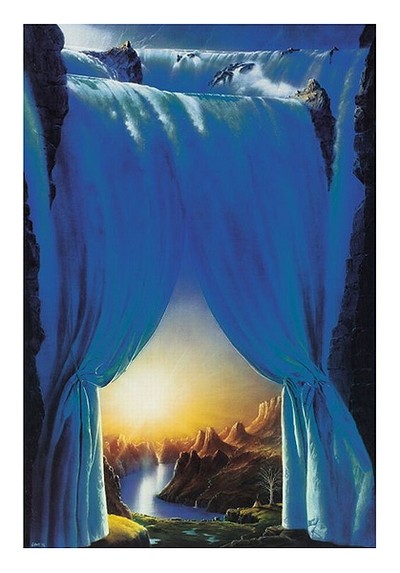 Hans-Werner Sahm, Enthüllung (Phantastische Kunst, Felsen, Wasserfall, Vorhang, Einblick, Sonne, Gebirge, Traumwelt, Surreal, Wohnzimmer, Jugendzimmer, zeitgenössisch, bunt)