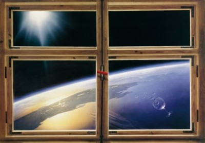 Hans-Werner Sahm, Keep Shut (Phantastische Kunst,  Fenster, All, Kosmos, Erde, Planet, Licht, Leuchten, Traumwelt, Surreal, Wohnzimmer, Jugendzimmer, zeitgenössisch, bunt)