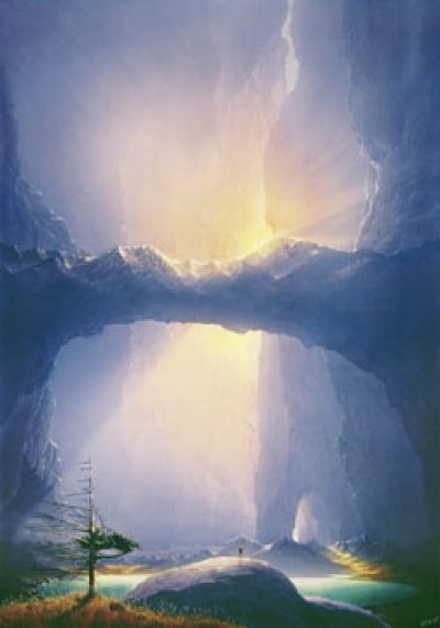 Hans-Werner Sahm, Sehnsucht (Phantastische Kunst, Felsen Schlucht, Höhle, Sonnenlicht, steinerne Brücke, Traumwelt, Surreal, Wohnzimmer, Jugendzimmer, zeitgenössisch, bunt)