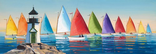 Sally Caldwell Fischer, After the Races (Wunschgröße, Malerei, See, Segelboote, Regenbogenfarben, bunte Segel, Wasser, Wasseroberfläche, Spiegelungen, Bootsrennen, Regatta, Fotorealsimus, Wohnzimmer, Badezimmer, Treppenhaus, Arztpraxis, bunt)
