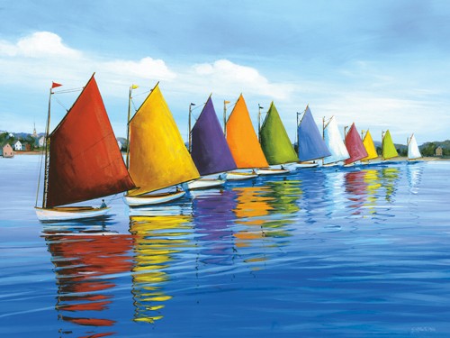 Sally Caldwell Fischer, Rainbow Cats (Wunschgröße, Malerei, See, Segelboote, Regenbogenfarben, bunte Segel, Wasser, Wasseroberfläche, Spiegelungen, Bootesrennen, Regatta, Fotorealsimus, Wohnzimmer, Badezimmer, Treppenhaus, Arztpraxis, bunt)