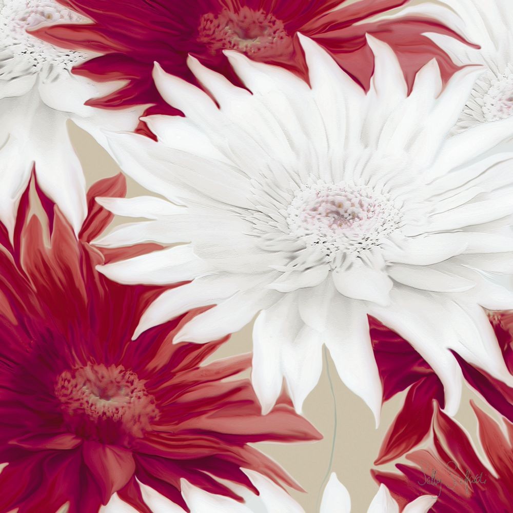 Sally Scaffardi, Elation Ii (Blumen, Floral, Blüten,  Begeisterung, Jubel, Wohnzimmer, Treppenhaus, Malerei, weiß/rot)