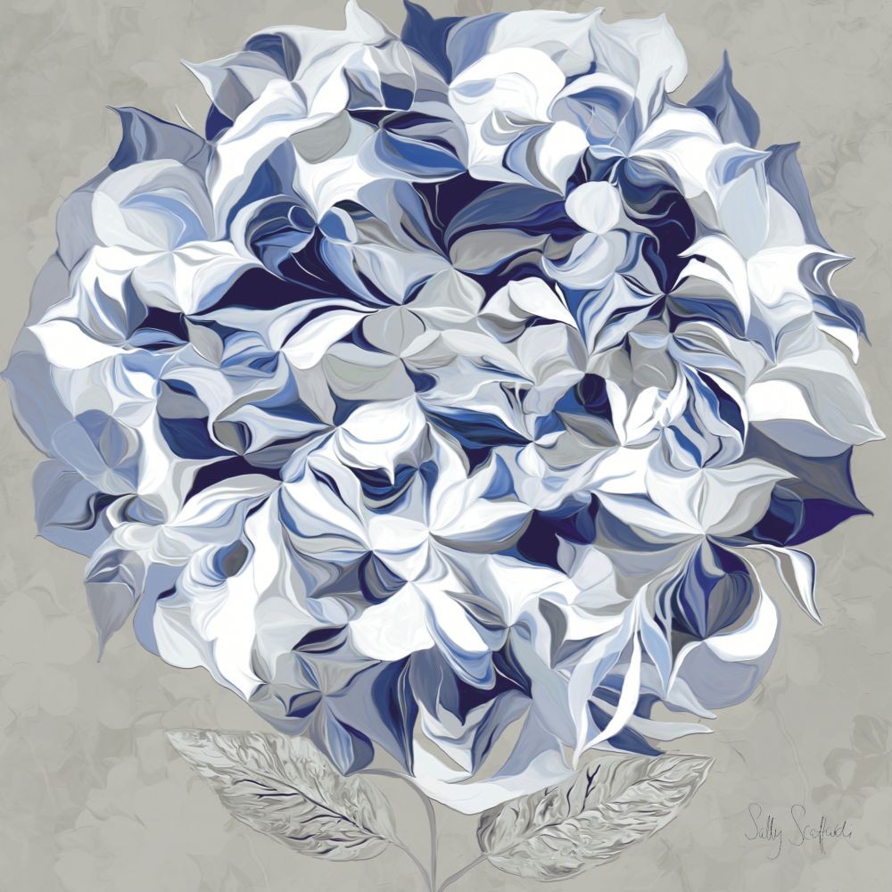 Sally Scaffardi, Elegant Hydrangea I (Blumen, Hortensie, Floral, Blüten, Blütenblätter, Malerei, Treppenhaus, Wohnzimmer, Schlafzimmer, blau/grau)