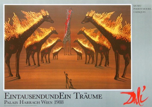 Salvador Dali, Burning Giraffes (Malerei, Surrealismus, Brennende Giraffen, Klassische Moderne, Fantasie, Wohnzimmer, Treppenhaus,  bunt)