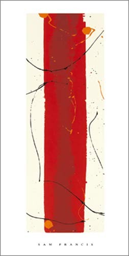 Sam FRANCIS, Untitled, 1984 (Abstrakte Malerei, Farbspuren, roter Balken, senkrecht, meditativ, Büro, Modern, Treppenhaus, Wohnzimmer, bunt)