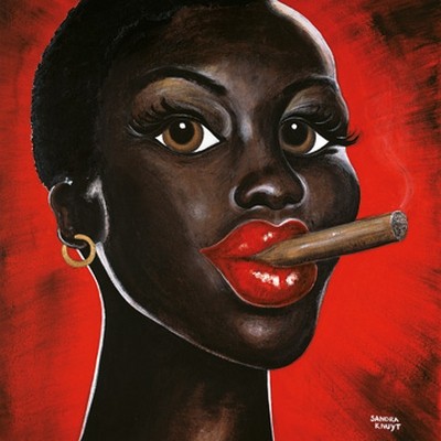 Sandra Knuyt, Chocolat Noir (Portrait, Frau, Gesicht, selbsbewusst, Rauchen, Zigarillo, dunkelhäutig, moderne Malerei, zeitgenössisch, dekorativ, Wunschgröße, Treppenhaus, Wohnzimmer, bunt)