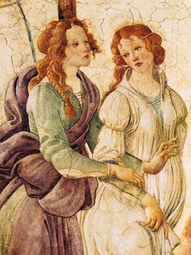 Sandro Botticelli, Alfresco (Detail, Drei Grazien, Schönheiten, Frauen, Mythologie, Renaissance, Klassiker, Schlafzimmer, Wohnzimmer, bunt)