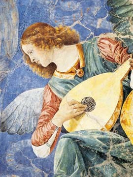 Sandro Botticelli, Angelo Musicante (Detail, musizierender Engel, Laute,religiös, Renaissance, Klassiker, Schlafzimmer, Wohnzimmer, bunt)