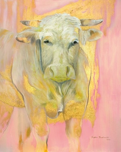 Sabina Bockemühl, Der goldene Bulle (Wunschgröße, Stier, Bulle, Tierportrait, modern, zeitgenössisch, Malerei, Wohnzimmer, Treppenhaus, gold/rosa)