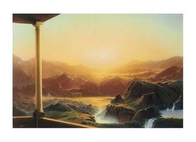Hans-Werner Sahm, Bellevue (Phantastische Kunst, Ausblick, Aussicht, Gebirge, Sonnenlicht, Landschaft, Wasserfall, Traumwelt, Surreal, Wohnzimmer, Jugendzimmer, zeitgenössisch, bunt)