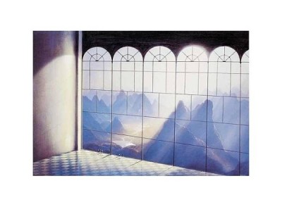 Hans-Werner Sahm, Belvedere (Phantastische Kunst, Fenster, Glaswand, Ausblick, Felsenmeer, Traumwelt, Surreal, Wohnzimmer, Jugendzimmer, zeitgenössisch, bunt)