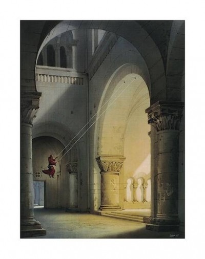 Hans-Werner Sahm, Halleluja (Phantastische Kunst, Kirche, Seitenschiff, Schaukel, Mönch, Spaß, Schwingen,  Surreal, Wohnzimmer, Jugendzimmer, zeitgenössisch, bunt)