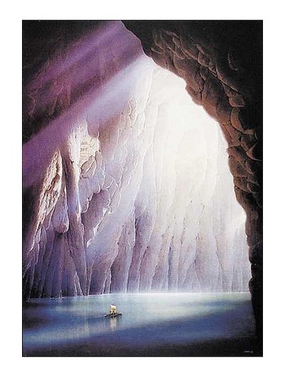 Hans-Werner Sahm, Heimkehr (Phantastische Kunst, Felsen  Höhle, See, Boot, unterirdisch, Einsamkeit, Sonnenlicht, Traumwelt, Surreal, Wohnzimmer, Jugendzimmer, zeitgenössisch, bunt)