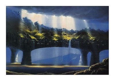 Hans-Werner Sahm, Hochland (Phantastische Kunst, Welt auf Säulen, Sonnenlicht, Landschaft, Wasserfall, Traumwelt, Surreal, Wohnzimmer, Jugendzimmer, zeitgenössisch, bunt)