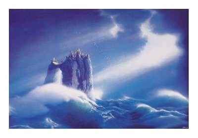 Hans-Werner Sahm, Lichtsturm (Phantastische Kunst,  Landschaft, Wolken, Schloss, Burg, Licht, Leuchten, Traumwelt, Surreal, Wohnzimmer, Jugendzimmer, zeitgenössisch, blau)