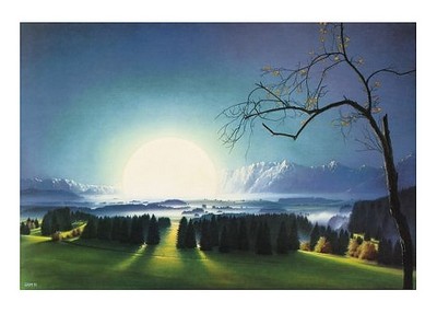 Hans-Werner Sahm, Lichtung (Phantastische Kunst,  Landschaft, Rasen, Bäume, Gebirge, Licht, Leuchten, Traumwelt, Surreal, Wohnzimmer, Jugendzimmer, zeitgenössisch, bunt)