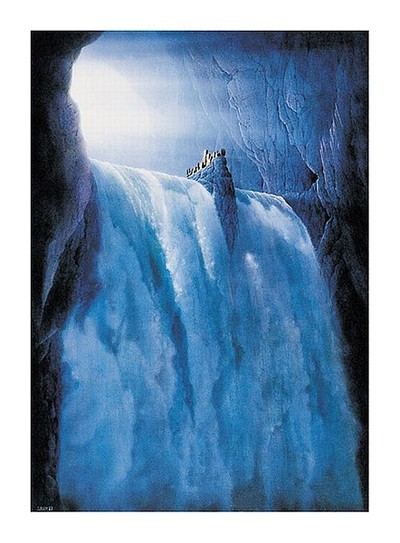 Hans-Werner Sahm, Refugium (Phantastische Kunst, Höhle, Felsen, Wasserfall, Fels in der Brandung, surreal, zeitgenössisch, Jugendzimmer, Wohnzimmer, bunt)