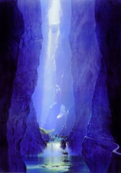Hans-Werner Sahm, Resort (2000) (Phantastische Kunst, Felsen, Schlucht, Steilwände, Felsen, Durchbruch, Fluss, Licht, Gebirge, Traumwelt, Surreal, Wohnzimmer, Jugendzimmer, zeitgenössisch, blau)