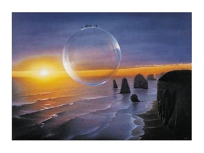 Hans-Werner Sahm, St. Helena (Phantastische Kunst,  schwebende Seifenblase, Landschaften, Meer, Wellen, Sonne, Sonnenuntergang, surreal, zeitgenössisch, Jugendzimmer, Wohnzimmer, bunt)