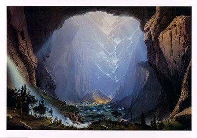 Hans-Werner Sahm, Tau (Phantastische Kunst, Felsen Durchbruch, Höhle, Sonnenlicht, Wasserfall, Traumwelt, Surreal, Wohnzimmer, Jugendzimmer, zeitgenössisch, bunt)