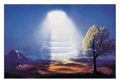 Hans-Werner Sahm, Vision (Phantastische Kunst, Treppe, Landschaft, Sonnenstrahlen Licht, Traumwelt, Surreal, Wohnzimmer, Jugendzimmer, zeitgenössisch, bunt)
