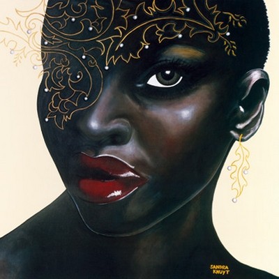 Sandra Knuyt, Ebony (Portrait, Frau, Gesicht, moderne Malerei, zeitgenössisch, dekorativ, dunkelhäutig, Schlafzimmer, Treppenhaus, Wohnzimmer, Wunschgröße, bunt)