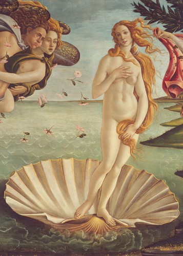 Sandro Botticelli, Geburt der Venus (Detail) (Geburt der Venus, Göttin, Schönheit, Akt, Simonetta Vespucci, Westwind, Detailansicht, Jakobsmuschel, Renaissance, Klassiker, Schlafzimmer, Wohnzimmer, bunt)