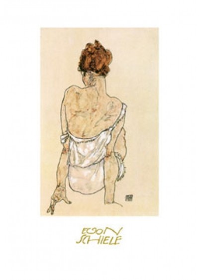 Egon Schiele, Sitzende Frau, 1917 (Malerei, Expressionismus, Frau, Erotik, Rückenakt, Klassische Moderne, Schlafzimmer, bunt)