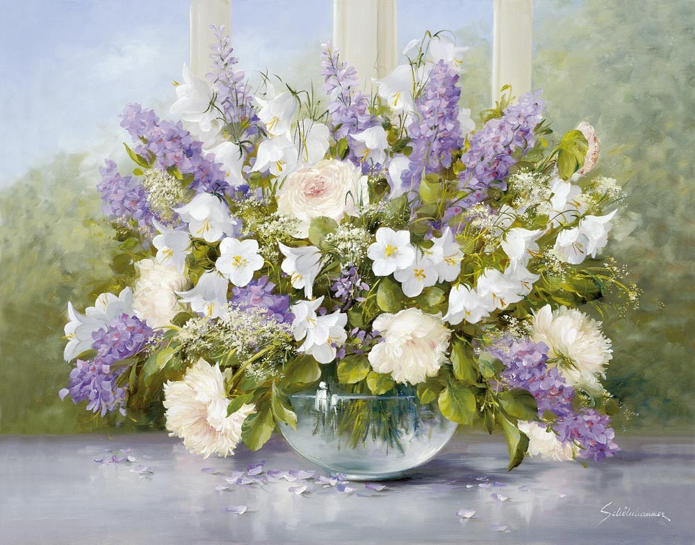 Heinz Schölnhammer, Summer Greetings I (Blumen, Natur, Floral, Blüten, Stillleben, Sommerblumen, Fenster, Sonnenlicht, Naturalismus, Wohnzimmer, Treppenhaus, Esszimmer, Malerei, bunt)