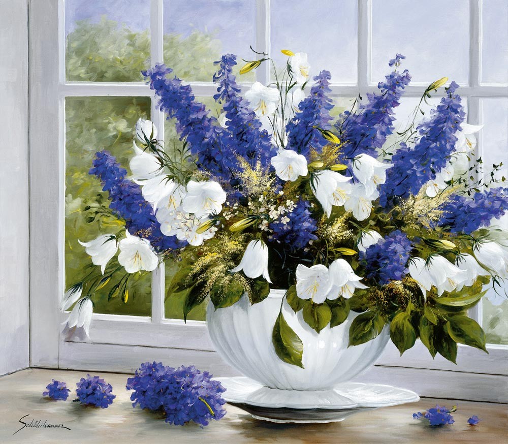 Heinz Schölnhammer, Summer Greetings Iii (Blumen, Natur, Floral, Blüten, Stillleben, Sommerblumen, Fenster, Sonnenlicht, Naturalismus, Wohnzimmer, Treppenhaus, Esszimmer, Malerei, bunt)