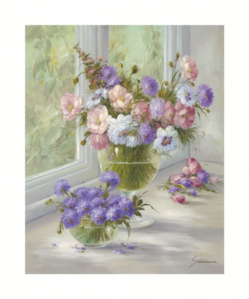 Heinz Schölnhammer, Sunday Morning (Blumen, Natur, Floral, Blüten, Stillleben, Sommerblumen, Fenster, Sonnenlicht, Naturalismus, Wohnzimmer, Treppenhaus, Esszimmer, Malerei, bunt)