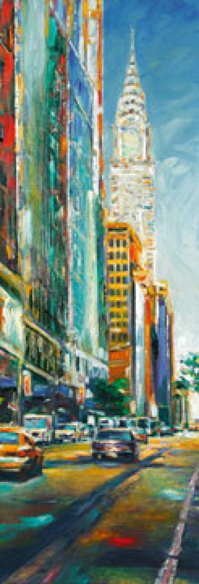 Jürgen Schmiedekampf, Leaving Bryant Park (New York, Stadt, Metropole, Chrysler Building, Straßenszene, Architektur,  Malerei, Wohnzimmer, Treppenhaus, bunt)