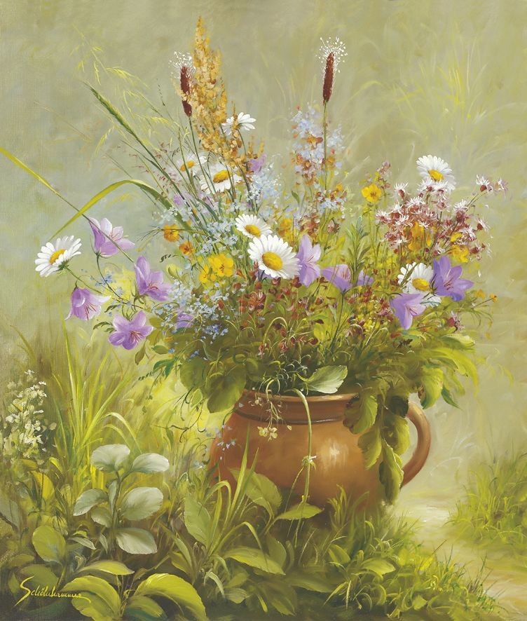 Heinz Schölnhammer, FLORAL BOUQUET I (Blumen, Natur, Floral, Blüten, Stillleben, Sommerblumen, Wiese, Sonnenlicht, Naturalismus, Wohnzimmer, Treppenhaus, Esszimmer, Malerei, bunt)