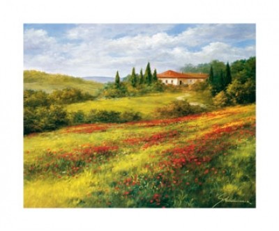 Heinz Schölnhammer, Landschaft mit Mohn I (Landschaft, Bäume, Wiese, Haus, Mohnblumen, Mohnfeld, Naturalismus, Wohnzimmer, Treppenhaus, Malerei, bunt)